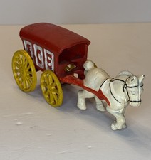 Vintage Cast Iron White Horse Drawn Red Ice Cart Buggy Wagon Toy 7.5 Long