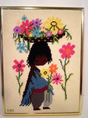 Finished Needlepoint DeGrazia Native Child Flower Basket Gold Custom Framed 12x9