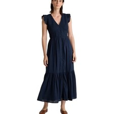 New Quince Navy Blue Organic Cotton Textured Smocked Midi Dress Women's Medium