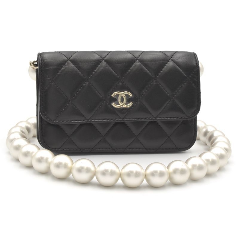 CHANEL Black Lambskin Matelassé Wallet with Pearl Chain & Gold Hardware