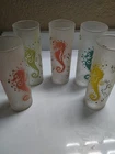 Vntg Seahorse Frosted Highball Glasses Set of 5 Mid Century Coastal/Tiki Barware