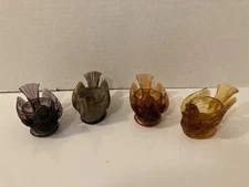 Set Of 4 Different Color Bird & Berry Glass Open Salt Cellar Dip / Candle Holder