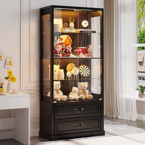 67in Tall Glass Display Cabinet 2 Drawers LED Motion Sensor Collectibles Case