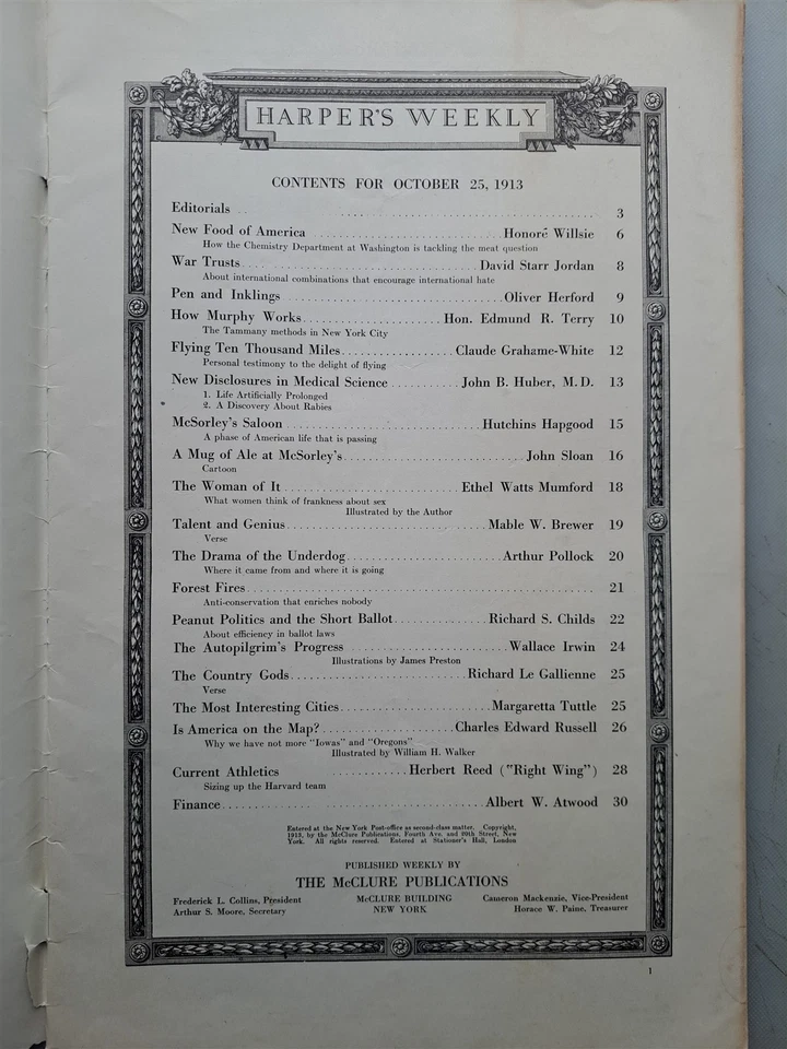 Harpers Weekly - October 25, 1913 McSorley's Pub, Aviation Feature - Image 2 of 4