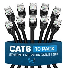 Cat6 Ethernet Cable 10-Pack - 2 Feet - Black - High Speed 24AWG Bump Boot, Ca...