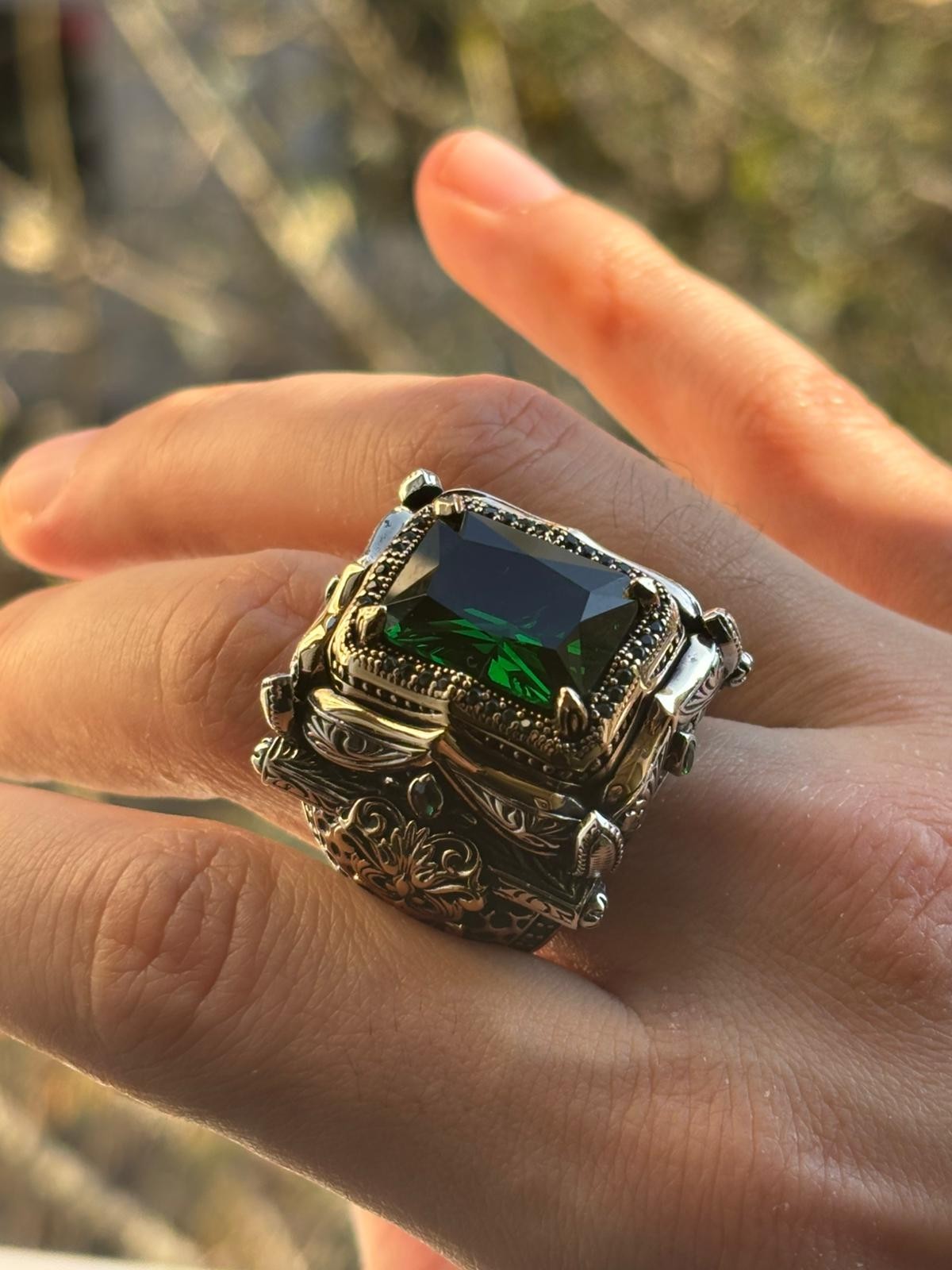 Anillo turco hecho a mano de plata de ley 925 esmeralda piedra simulada hombre otomano