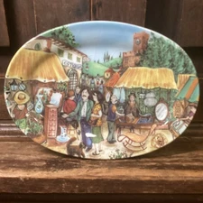 Effetti D’Arte Brunelli Market Scene 8”x5 1/2” Oval Ceramic Dish Made In Italy