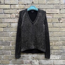 Tom Ford Women’s Chunky Knit Silk Chainmail V-Neck Sweater UK12 Black/Silver 