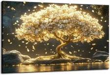 Large Tree of Life Canvas Wall Art Abstract Gold Tree Mountain Lake Decor pai...