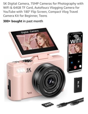 5K Digital Camera, 75MP Cameras for Photography with Wifi & 64GB TF Card, Autofo