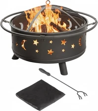 Fire Pit - 32-Inch Outdoor Wood Burning Firepit with Screen, Poker, and Cover -