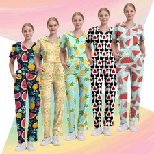 Custom Wholesale Women's Print Scrubs: V-Neck Top  Drawstring Pants Set