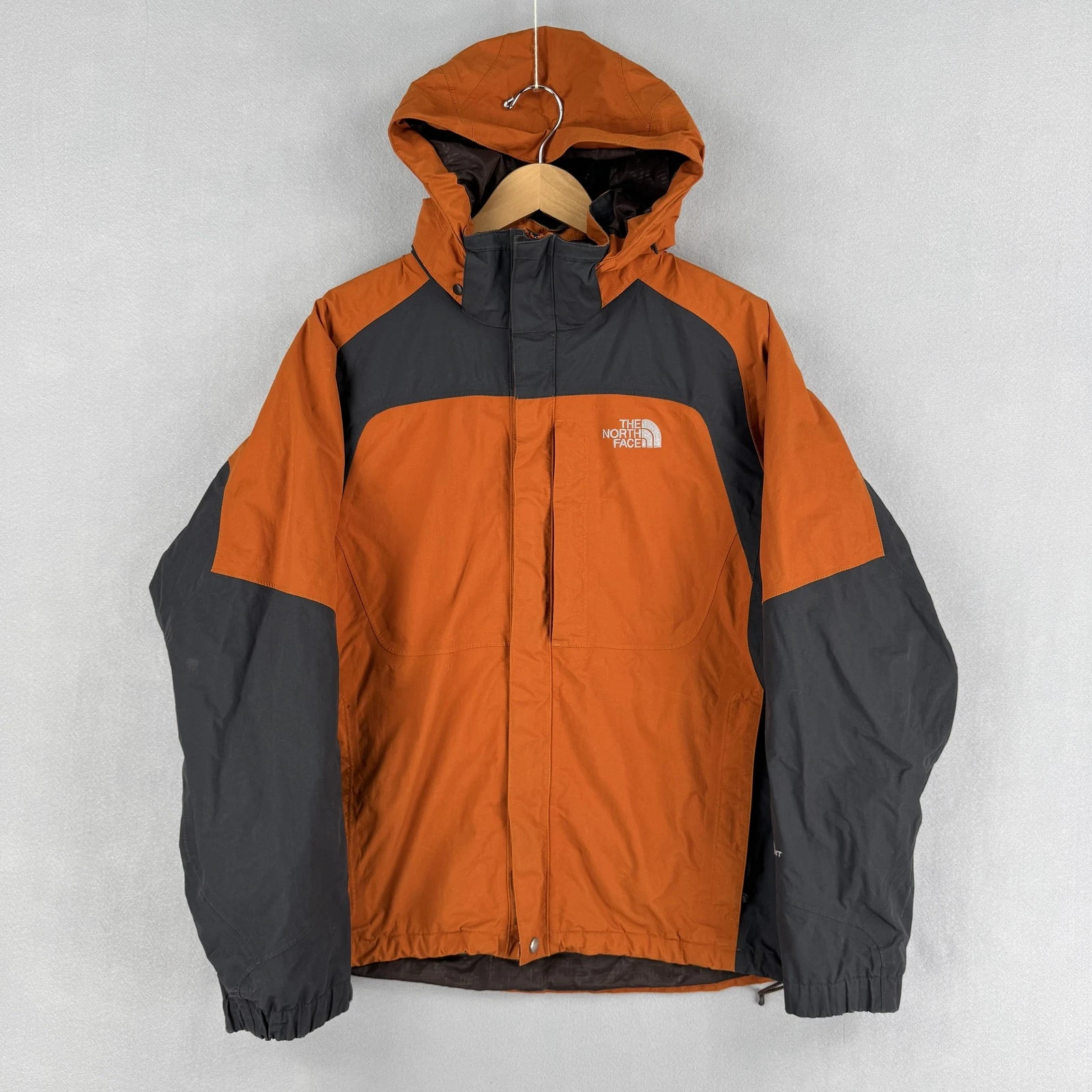 The North Face Jacket Mens Large Orange Gray Hooded Ski Shell Waterproof Zip Up