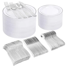 600pcs Silver Dinnerware Set for 100 Guests, Silver Plastic Plates Plastic Si...