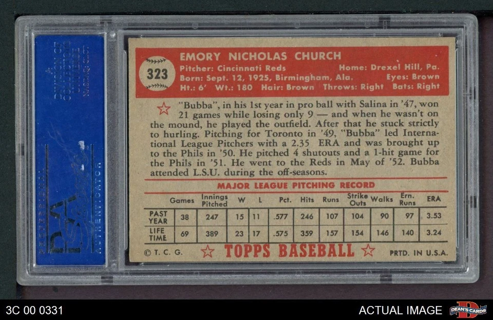 1952 Topps #323 Bubba Church Reds PSA 6 - EX/MT - Image 2 of 2