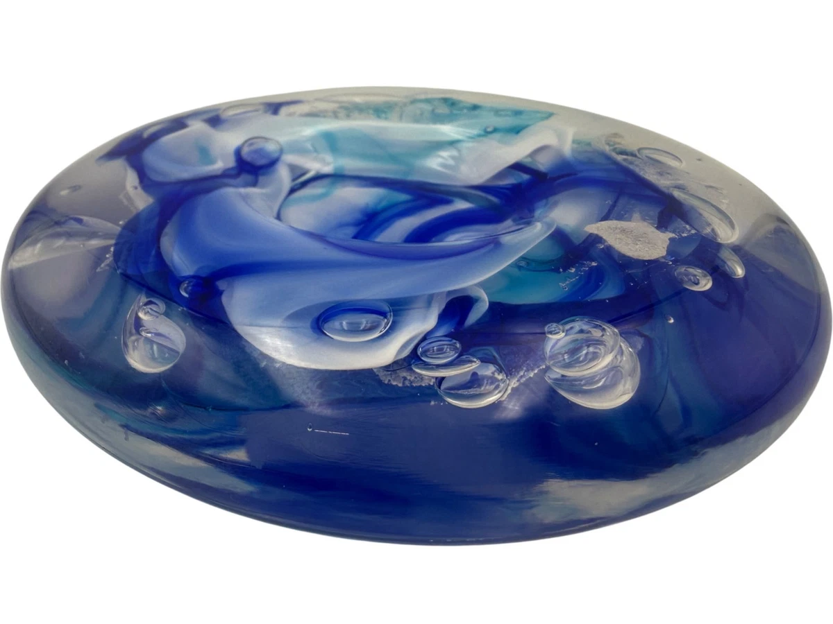 Glass Sculpture Blue Swirls Signed Kelly Lowe Art Piece Collectable Ornament