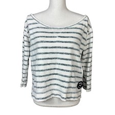 Hollister Gray White Stripes Knit Sweater Top Large 3/4 Length Sleeves Nautical