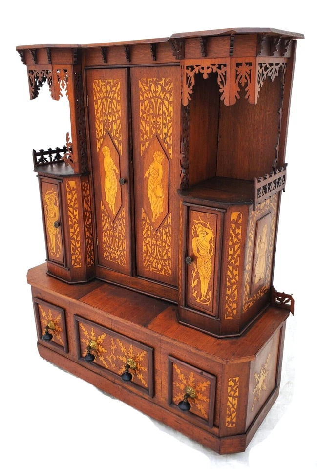 Gabinete de pisogere de entrada con incrustaciones de arte popular victoriano americano de la década de 1880 músico romano Foto 3 de 4