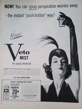 1957 Veto Mist deodorant woman John Fredericks hat long black gloves vintage ad