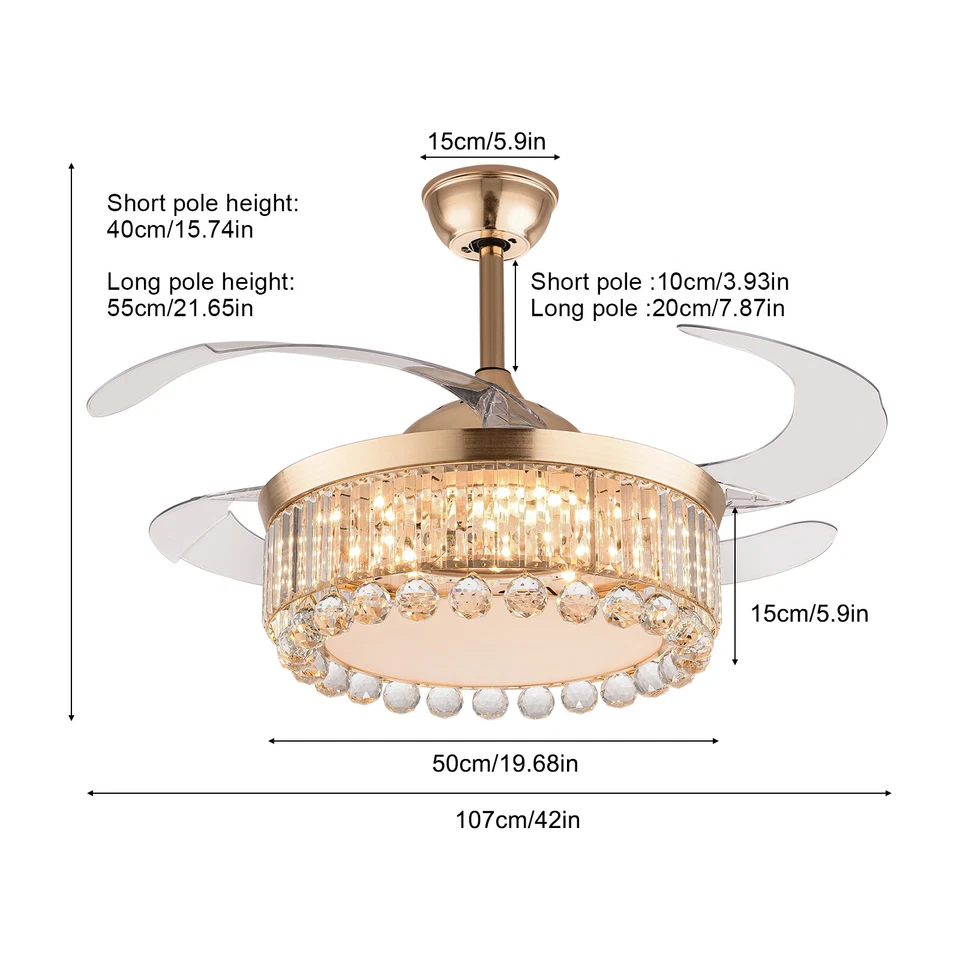 42 Inch Gold Ceiling Fan with Light, Remote Retractable Fandelier Ceiling Fan - Image 3 of 4