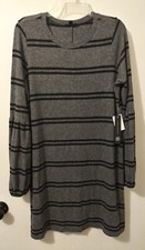 As U Wish Dress Large Gray Black Striped Print Stretch Soft Balloon Sleeve Knee