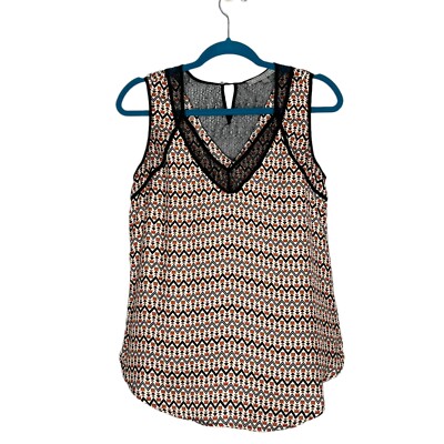 Daniel Rainn Satin Geometric Print Lace Trim Sleeveless Blouse Small Round Hem