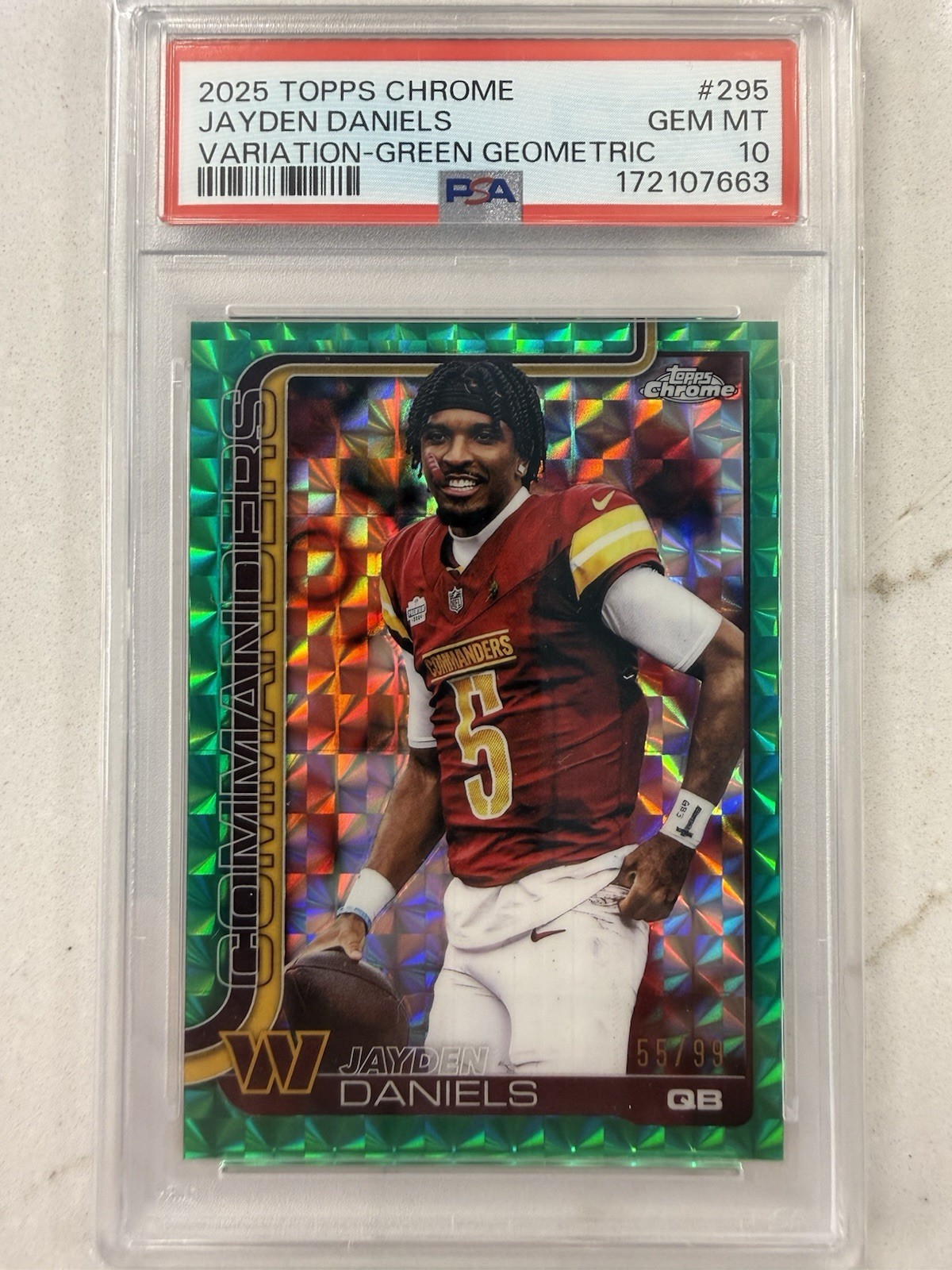 2025 Topps Chrome Jayden Daniels Green Geometric Refractor 55/99 PSA 10 #295 VAR view 1