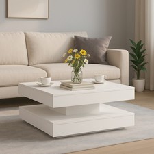 Modern White Rotating Coffee Table 360° Swivel Square Living Room Furniture