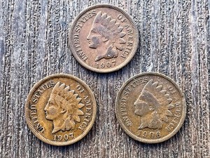 3 Indian Head Pennies 1907, 1906, 1907