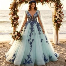 Blue Gothic Wedding Dresses Beach Lace Bride Gowns A Line Tulle V Neck Country