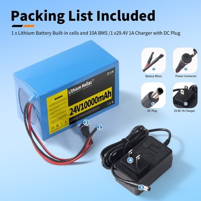 24V 10Ah Lithium Battery with 29.4V 1A Charger, 24V Rechargeable Battery for DIY