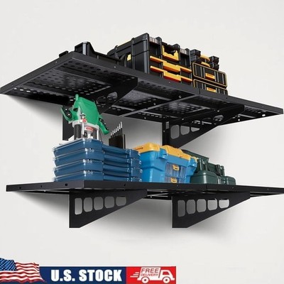 Heavy Duty Wall Shelves Garage Storage Rack 2 Pack Space Saving W/ Hooks New