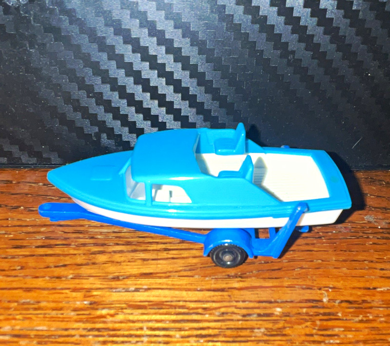 Lesney Blue & White Plastic Toy Boat with Blue Trailer