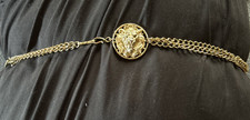 VTG Lion Head Medallion Chain Belt Gold Tone Waist Rhinestone Green Eye 41.5  