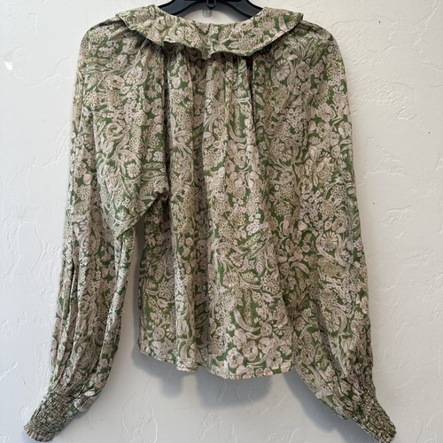 Anthropologie Cotton Ruffled Bell Long Sleeve Floral Green Peasant Blouse Small - Picture 8 of 10