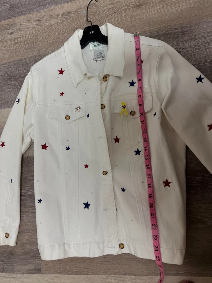 Quacker Factory Shacket Womens Large White Cotton Stretch Stars Embroidered - Image 4 of 4
