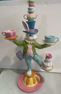 Tophat & Tail Mad Hatter Juggling Teacup Easter Bunny 23  Tall Statue Decoration