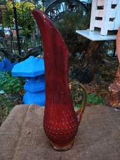 Kanawha Glass Hobnail UV Reactive Amberina Stretch Pitcher 14"