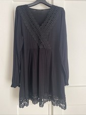 Yours UK 16 Black Jerseylike Tunic Short Dress Lace Trim Mock Crossover Bodice