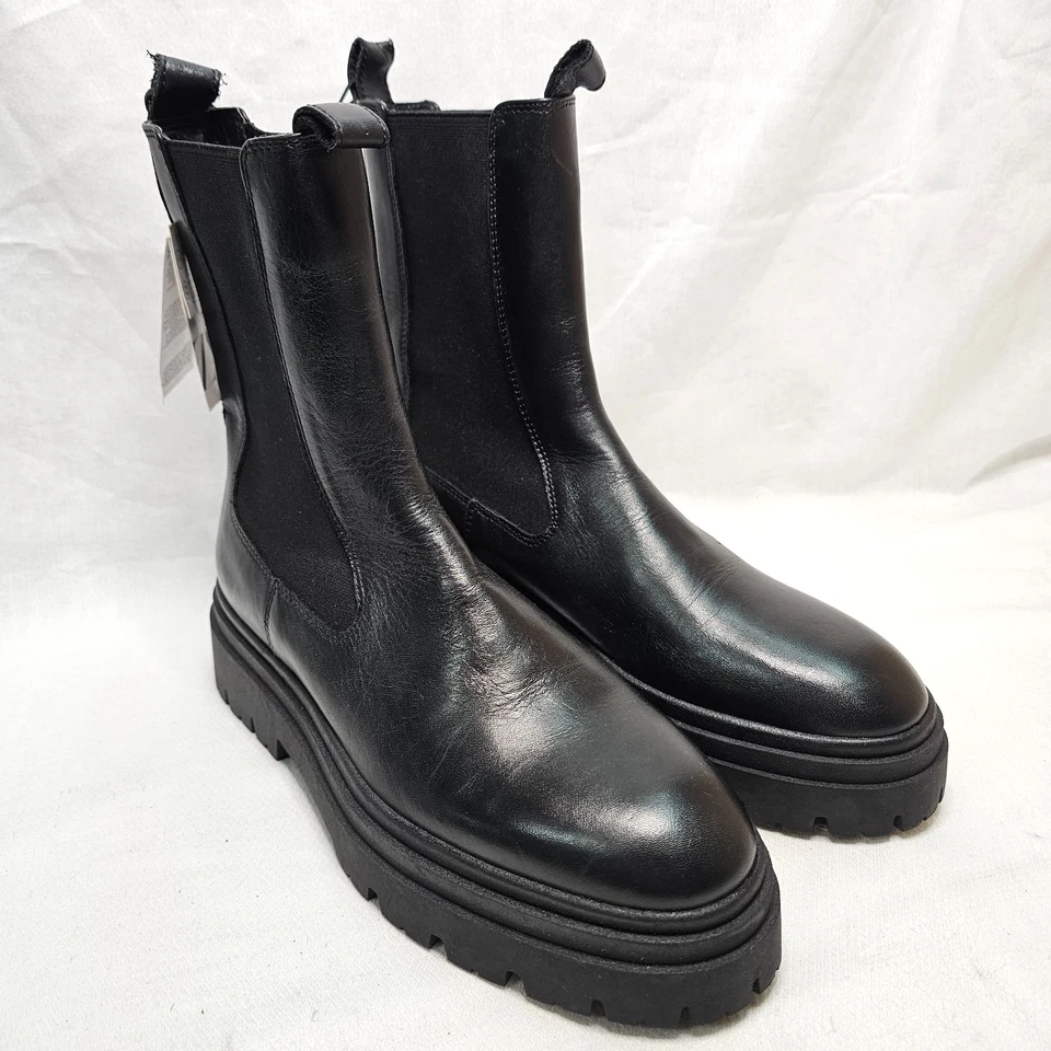 NUEVAS Botas Chelsea de Cuero Negro Gruesas Zara Z1B Para Mujer Talla: 39 EE. UU. 8 Foto 3 de 4