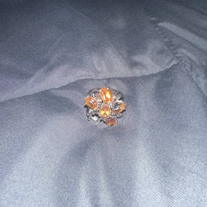 Silver Tone Cocktail Cluster Ring Size 7 Orange Marquise Crystal Flower Design