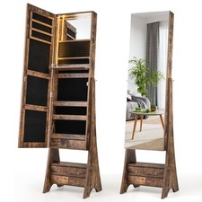 COSTWAY Jewelry Cabinet 3-color LED Lighted Jewelry Organizer Armoire-Coffee