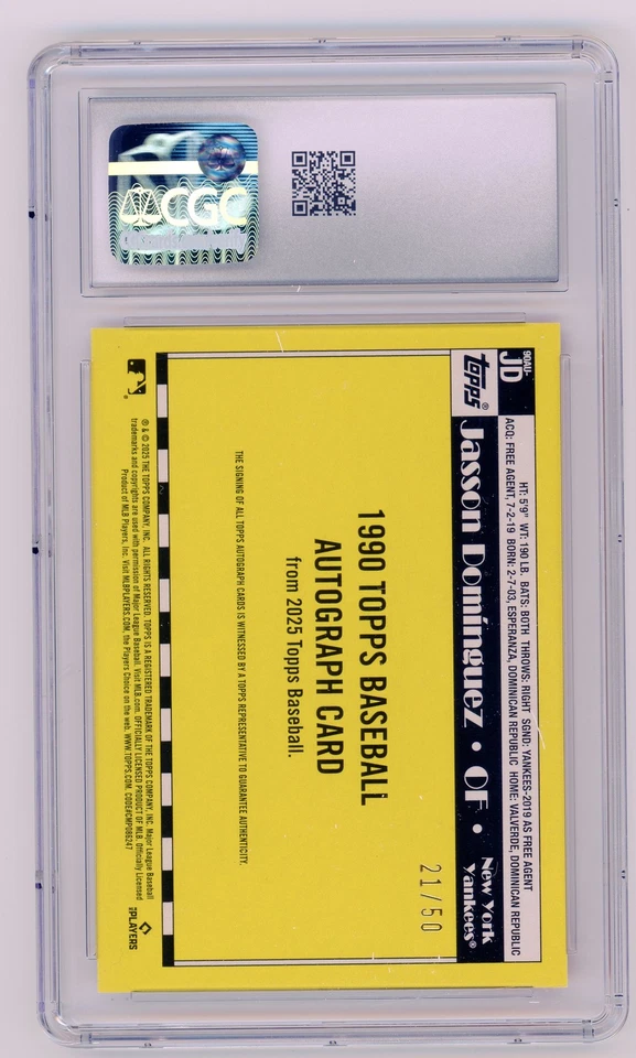 2025 Topps Jasson Domínguez Gold Auto /50 CGC 9/9 Yankees 1990 RC GEM - Image 2 of 2