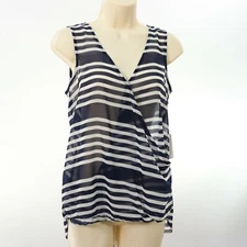 Charming Charlie Womens Sheer Bubble Tank Top S Small Stripe Navy Blue White New