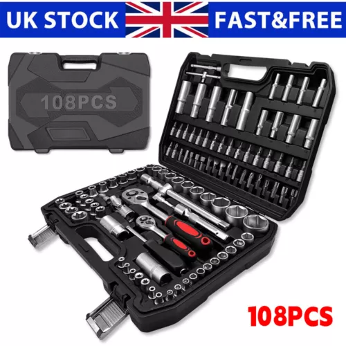 108Pcs 1/2" & 1/4" Drive Socket Ratchet Wrench Tool Set for Car Repair With Case