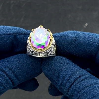Men's Mystic Topaz Ring – 925 Sterling Silver, Turkish Made, Bold Stone Statement Ring
