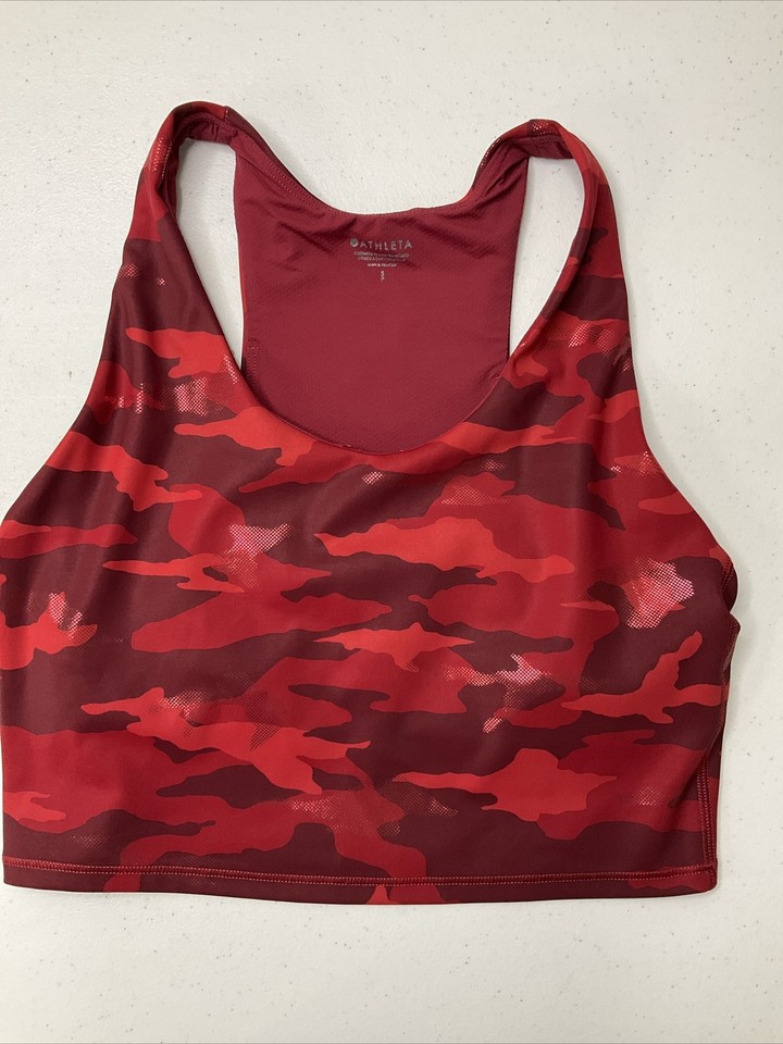 Athleta Ultimate Printed Sports Bra Top Red Shiny Camouflage Camo Women