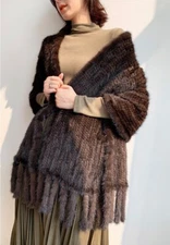 Real Mink Fur Cape Poncho Winter Shawl Wraps Stoles With Pocket Black Brown