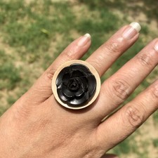 Ebony Wood Rose Flower Carved Handmade Ring, 30 mm dia, US 7 Ring Size, D2