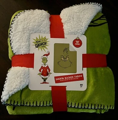 FRANCO New!! Dr. Seuss The Grinch Sherpa Back Throw Blanket 46x60 Holiday Decor